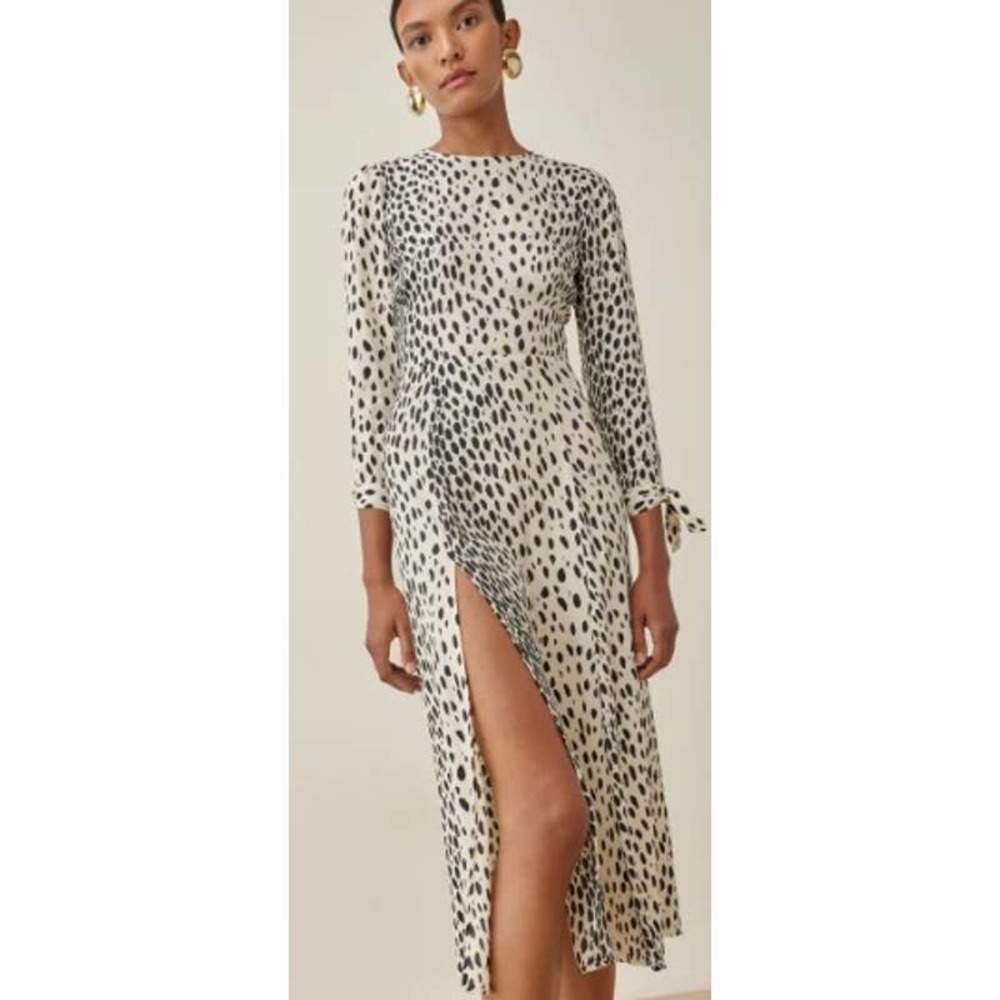 Reformation Cream and Black Spotted Midi Dress
